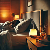 A blog photo representing difficulty sleeping at night, featuring a cozy bedroom with dim, warm lighting. A person is lying in bed, looking restless